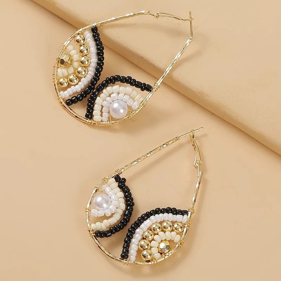 Anthropologie Jewelry - Anthropologie Gold Plated White Black Beaded Wire Wrap Teardrop Hoop Ear…